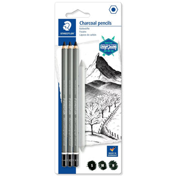 Lápis Carvão 100C STAEDTLER Charcoal + Esfuminho 3un