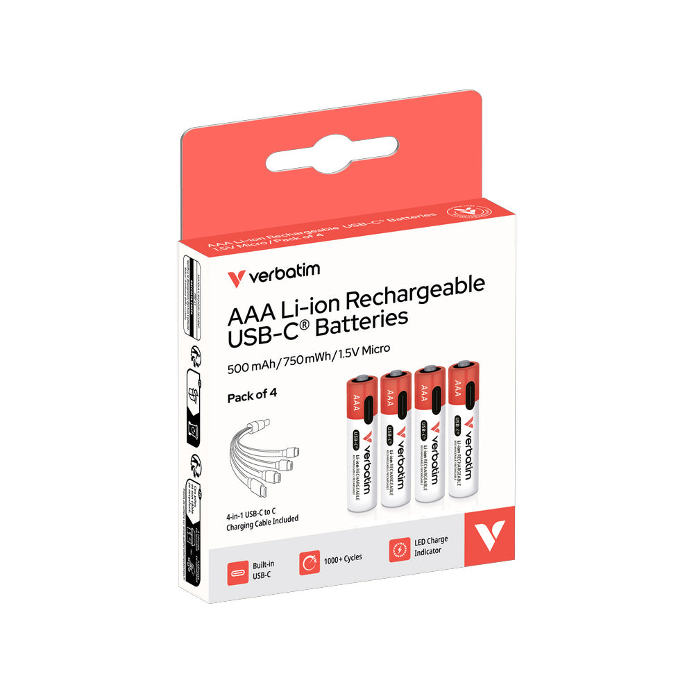 Pilhas Recarregáveis AAA USB-C 1.5V 500mAh Verbatim 4un