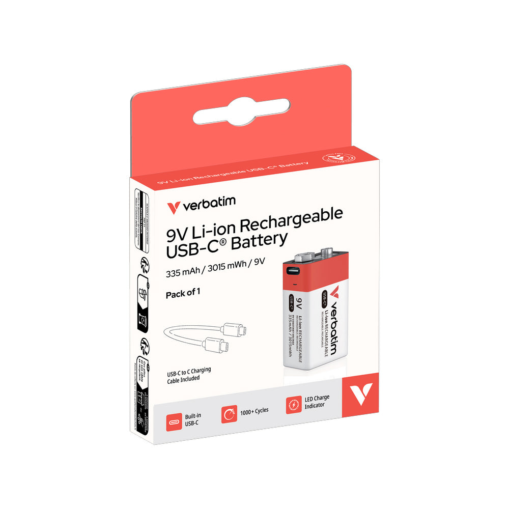 Pilhas Recarregáveis 6LR61 9V USB-C 335mAh Verbatim 1un