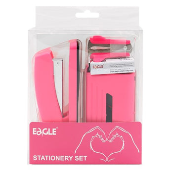 Conjunto Agrafador+ Furador + Saca Agrafos Eagle Rosa Néon