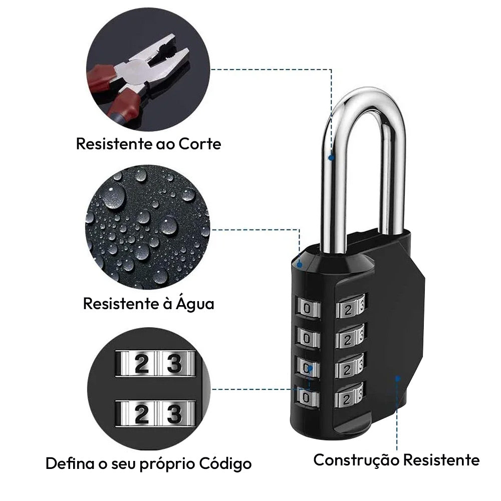 Cadeado 30mm Preto IP68 Reajustável com Código 4 Dígitos
