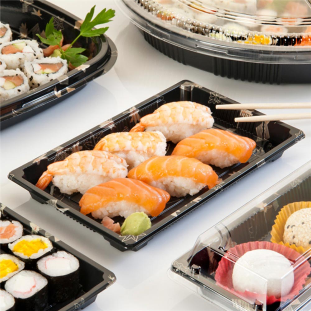 Caixa Plástico Sushi c/ Tampa 27x27x4,5cm Preto 30un