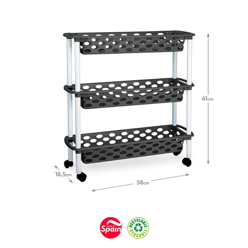 Carrinho 3 Cestos Plástico 18,5x58x61cm Aire Slime Cinzento