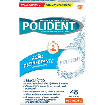 Pastilhas de Limpeza POLIDENT Próteses Dentárias 48un
