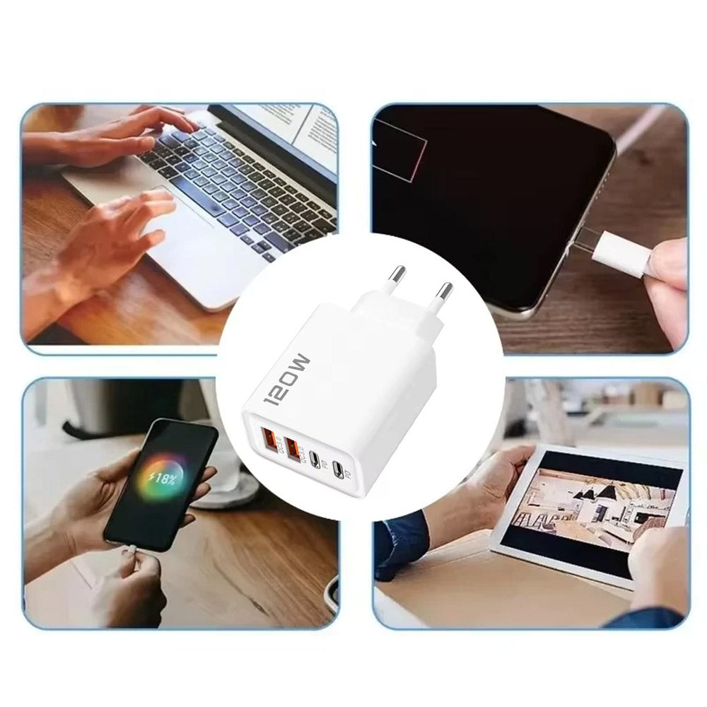Carregador USB-C PD x2 + USB-A x2 120W Rápido Branco