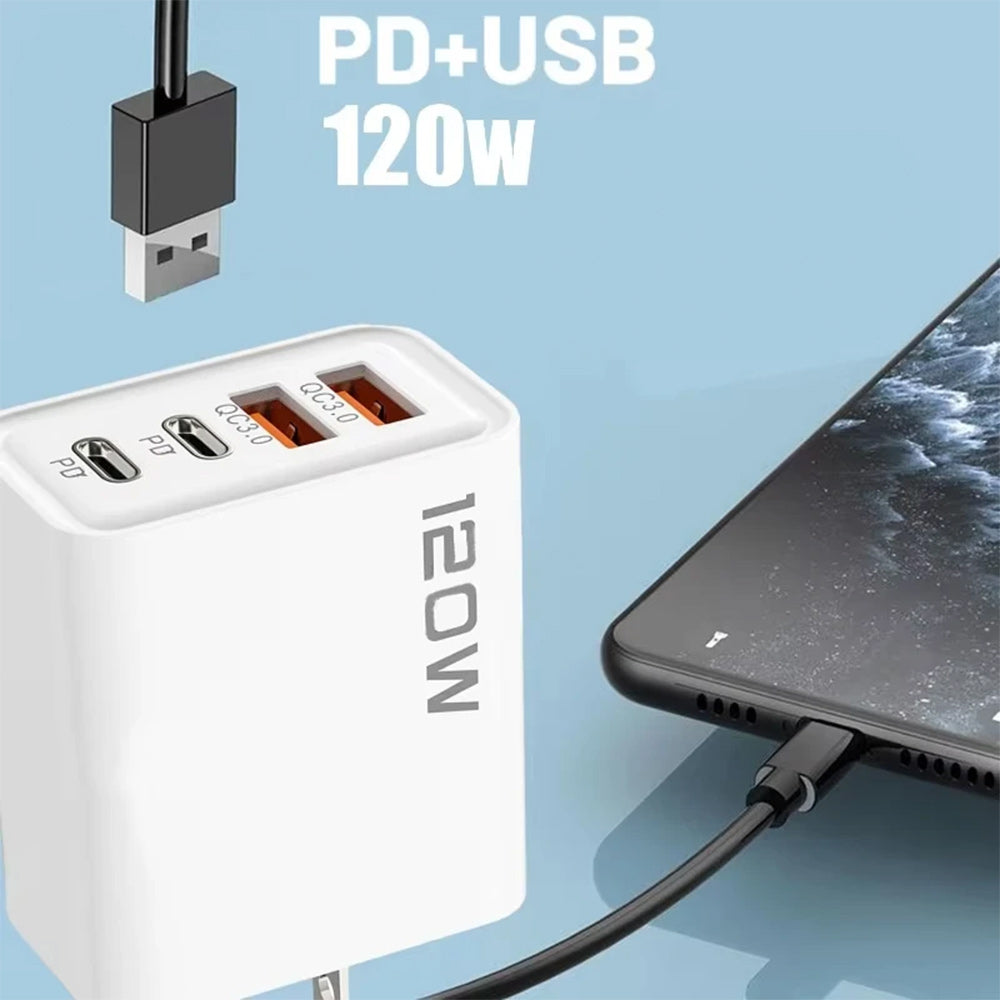 Carregador USB-C PD x2 + USB-A x2 120W Rápido Branco