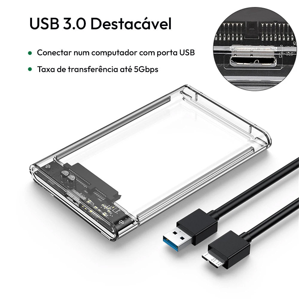 Caixa Disco Rígido USB 3.0 SATA SSD 2,5" Transparente