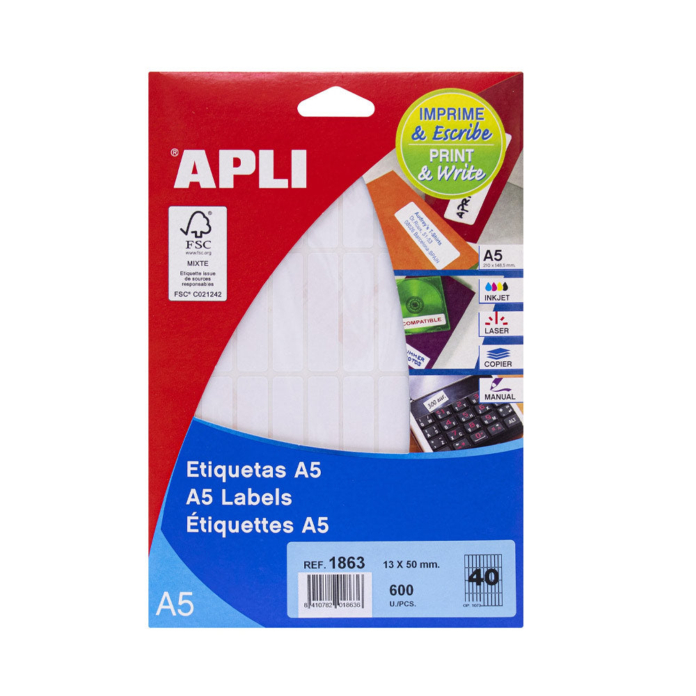 Etiquetas 013x050mm 15Fls A5 01863 Apli 600un