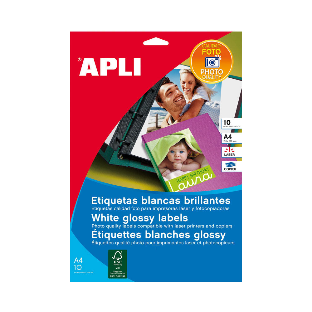 Etiquetas 199,6x289,1mm  Laser/Copia Branco Glossy Apli 10u