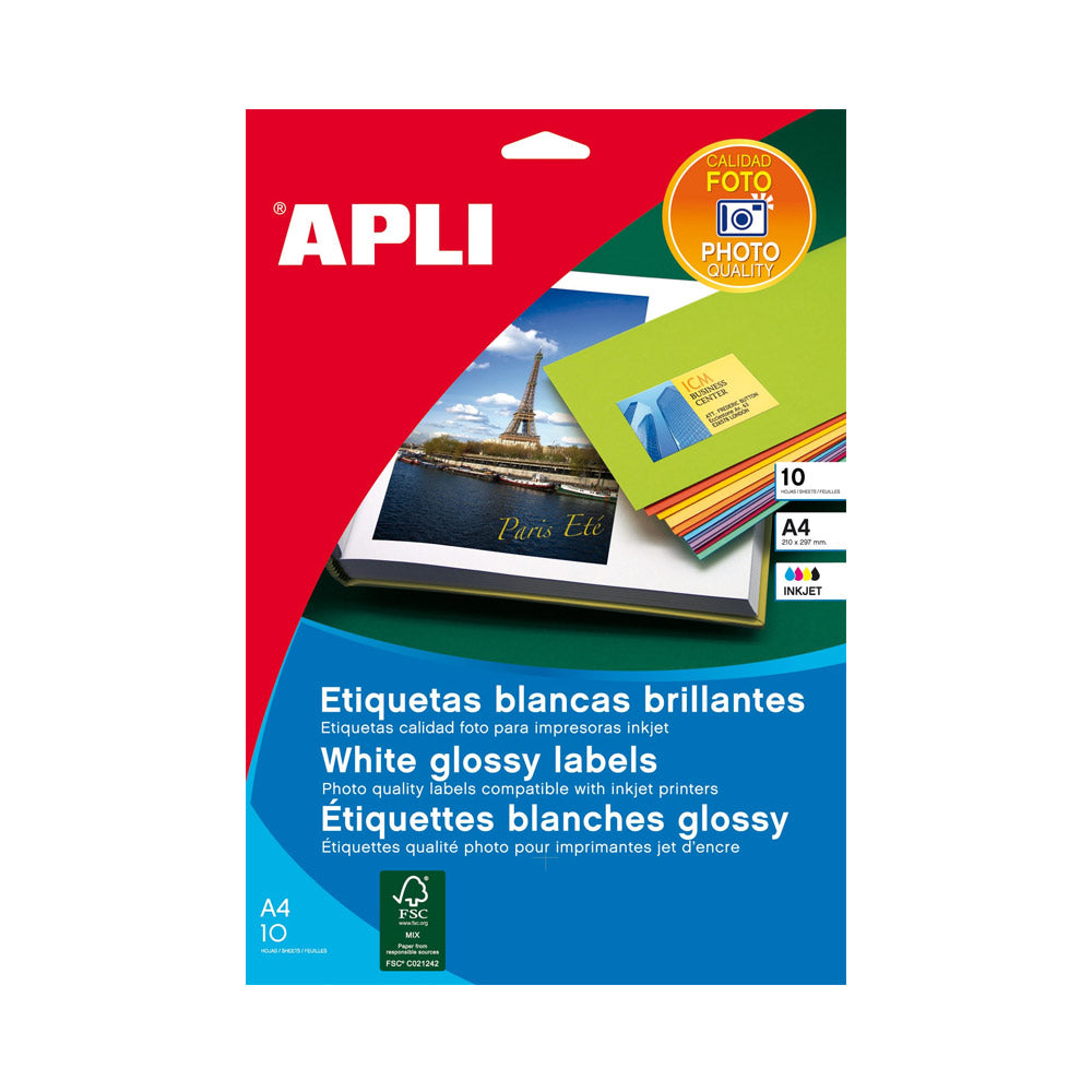 Etiquetas 199,6x289mm InkJet A4 Branco Glossy Apli 10un