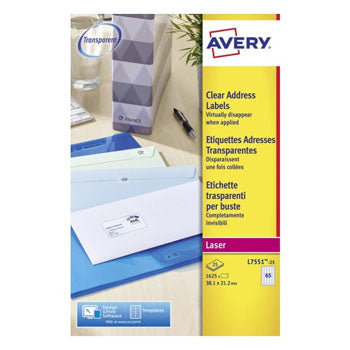 Etiquetas 038,1x021,2mm 25Fls A4 Transparente Avery 1625un