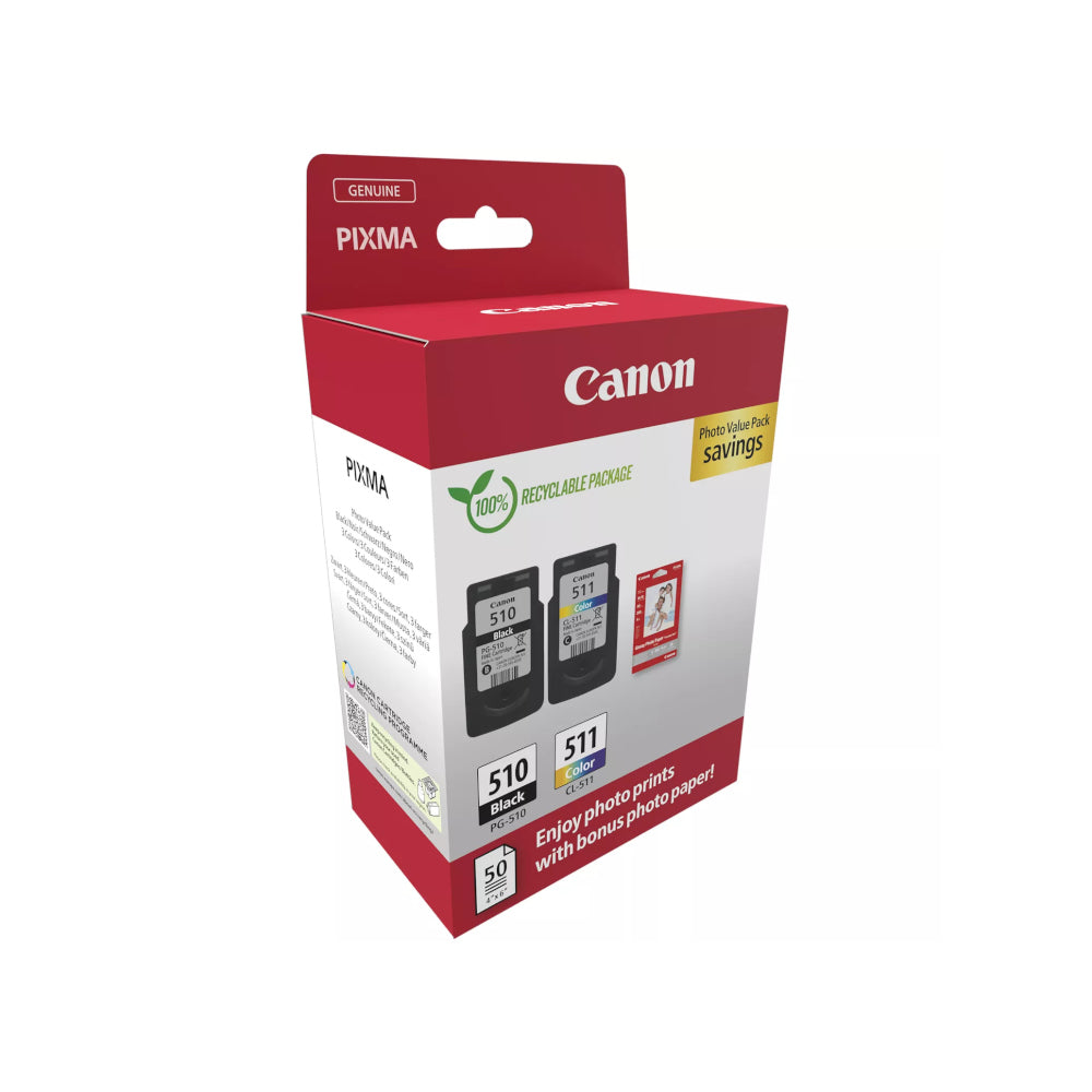 Pack Tinteiros Canon 510/511 Preto/Cor + Papel 2970B017