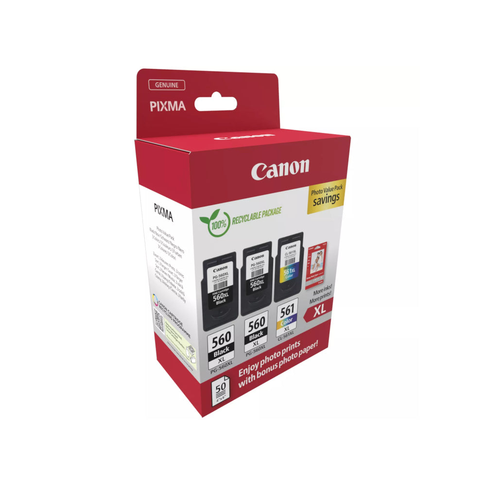 Pack Tinteiros Canon 560XLx2/561XL Preto/Cor+Papel 3712C012
