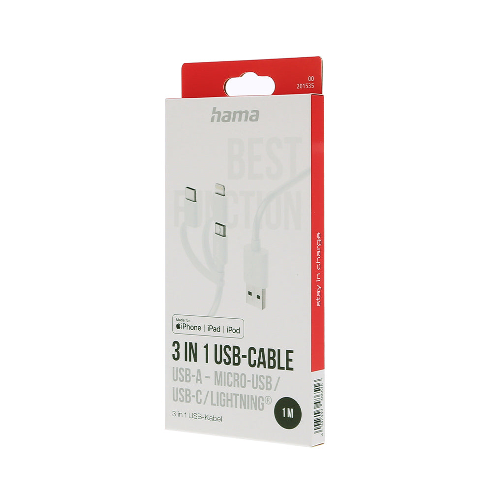 Cabo USB-C para Type-A/ Lightning/ Micro-USB 1m Branco