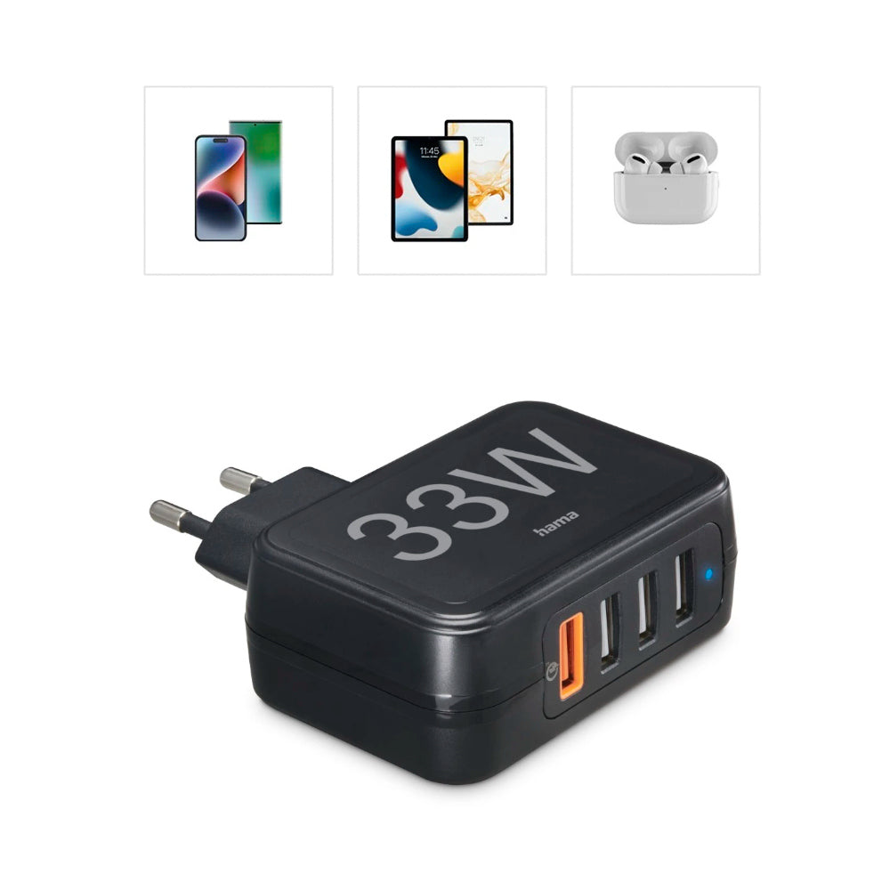 Carregador USB-A 4 Portas QC 33W Rápido Preto