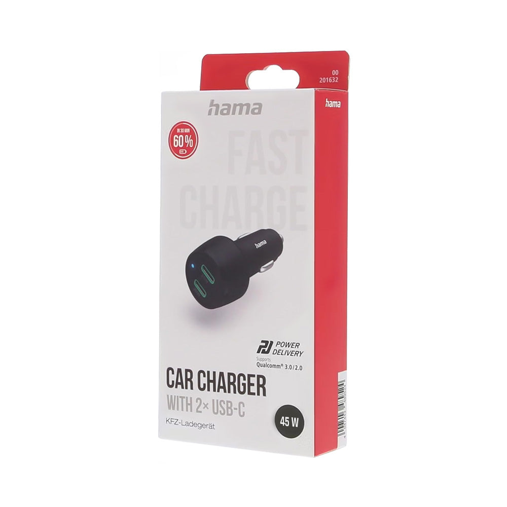 Carregador Isqueiro Auto USB-C PD 2 Portas 45W Preto
