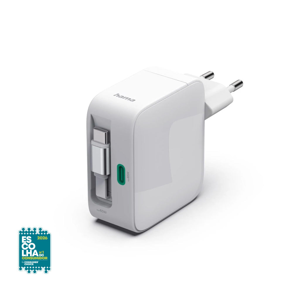 Carregador USB-C 2 Portas GaN 65W c/ Cabo Extensível Branco
