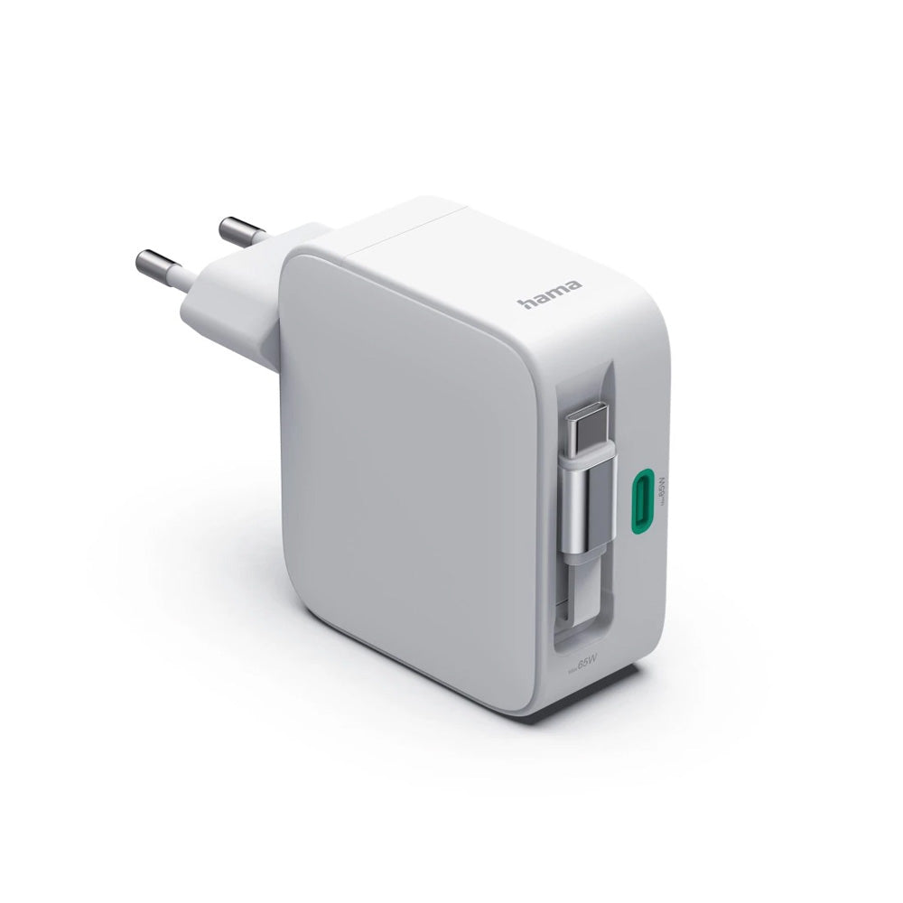Carregador USB-C 2 Portas GaN 65W c/ Cabo Extensível Branco