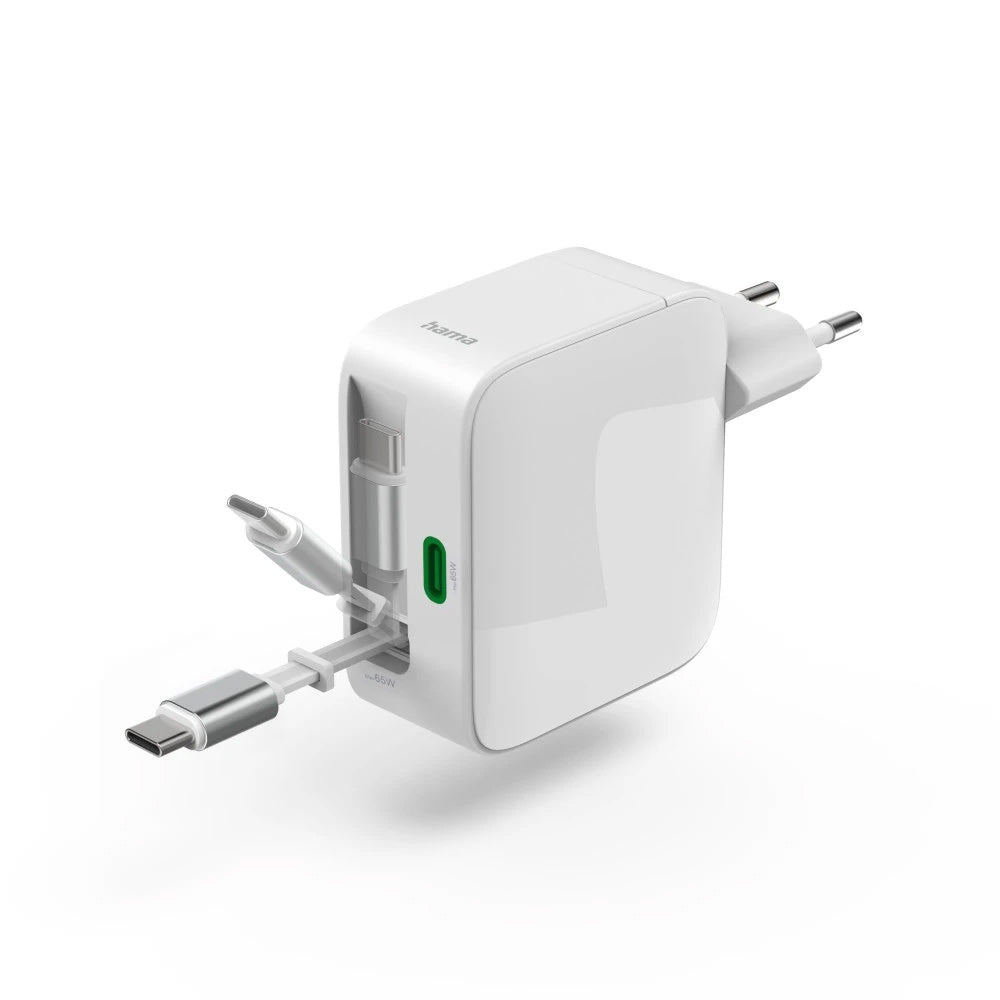 Carregador USB-C 2 Portas GaN 65W c/ Cabo Extensível Branco