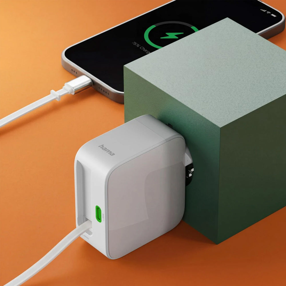 Carregador USB-C 2 Portas GaN 65W c/ Cabo Extensível Branco