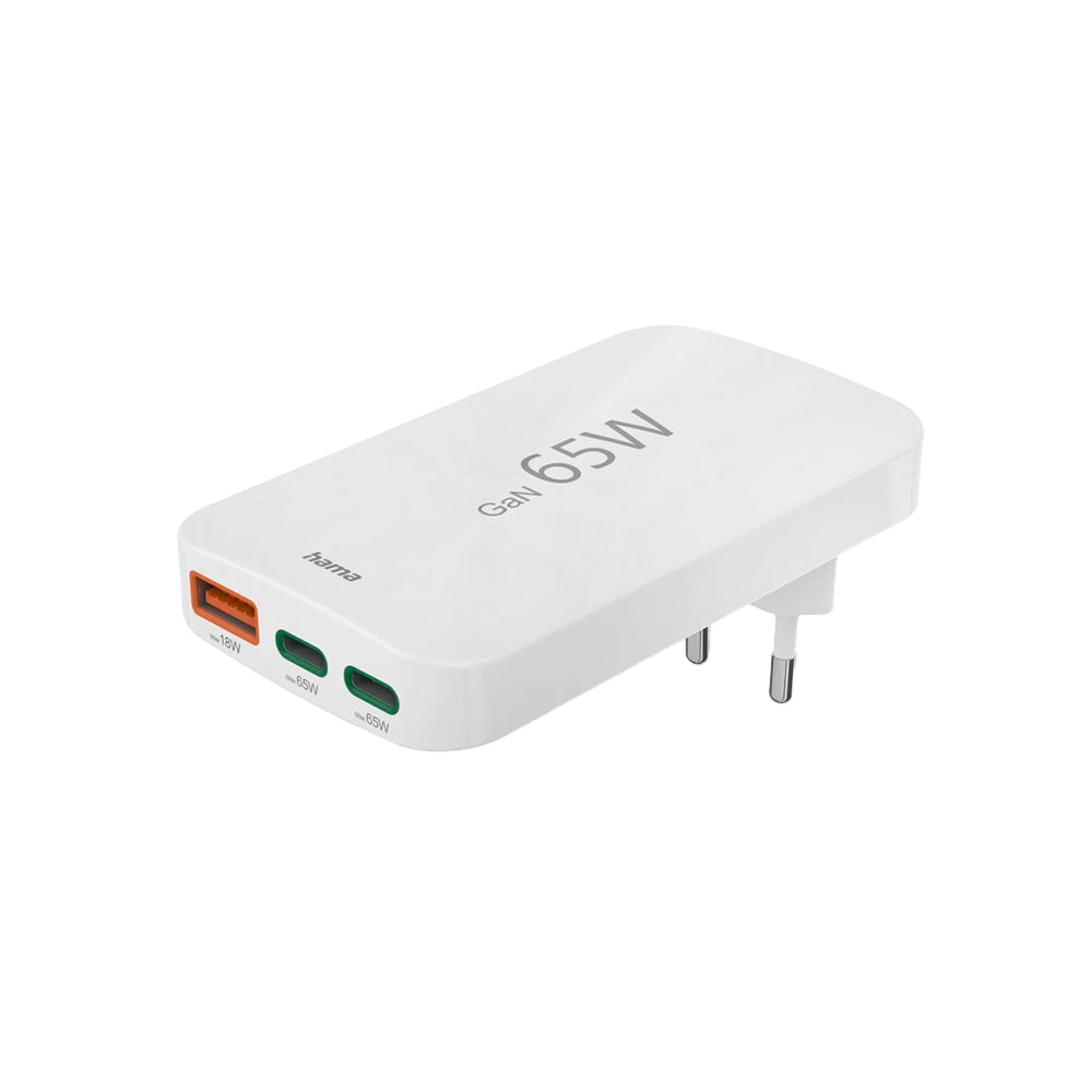 Carregador USB-C 2 Portas + USB-A 1 Porta 65W Rápido Branco