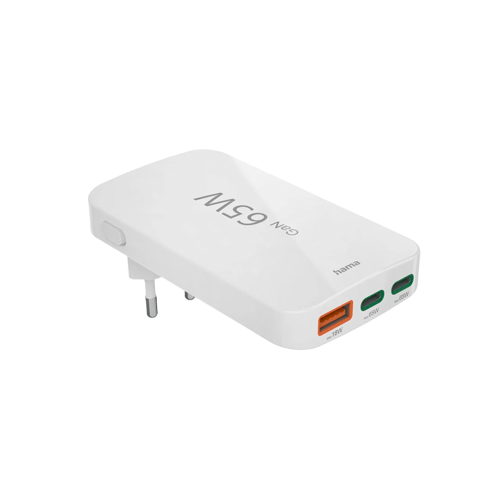 Carregador USB-C 2 Portas + USB-A 1 Porta 65W Rápido Branco