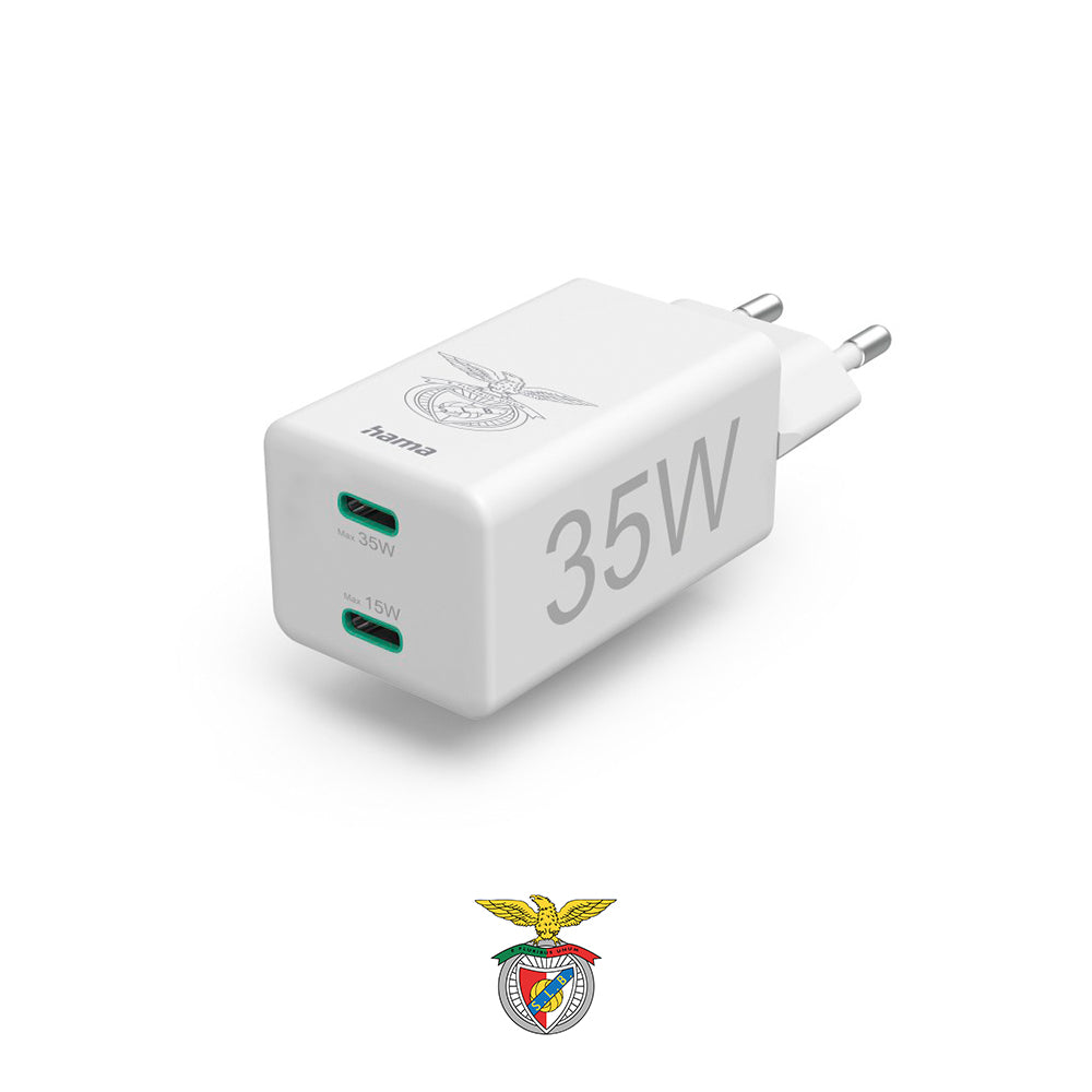 Carregador USB-C 2 Portas PD/QC 35W Rápido Benfica Branco
