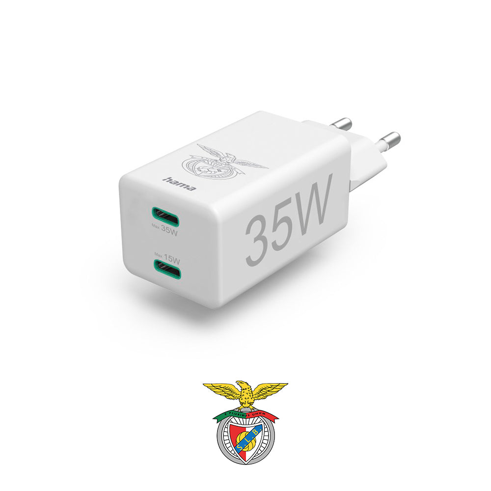 Carregador USB-C 2 Portas PD/QC 35W Rápido Benfica Branco