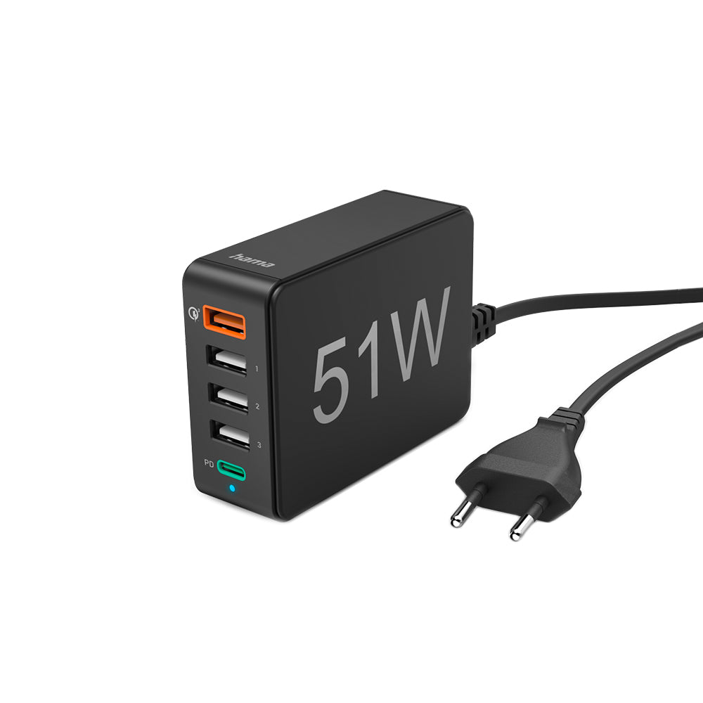 Carregador USB-C 1 Porta + USB-A 4 Portas 51W Rápido Preto