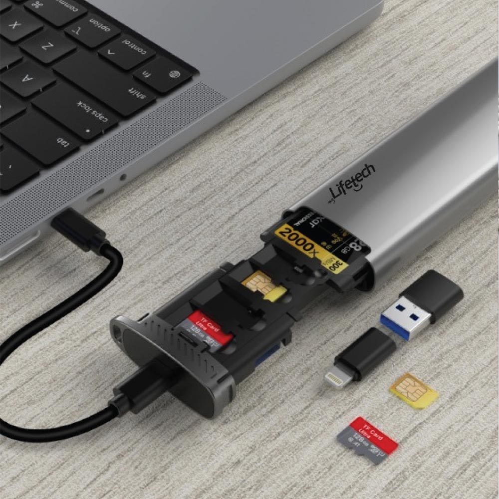 Leitor Cartões Memória + Armazenamento USB/USB-C/Lightning