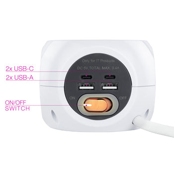 Extensão 3 Tomadas 2x USB-A + 2x USB-C Carregamento WIRELESS